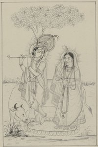 Krishna, der Flöte spielt, und Radha