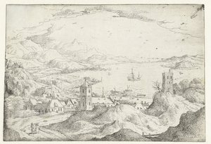 Landschaft mit breitem Fluss und Dorf von Anonymous