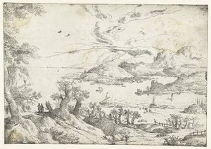 Landschaft mit breitem Fluss zwischen Hügeln von Anonymous