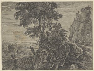 Landschaft mit einem Gebäude auf einem Felsen von Anonymous