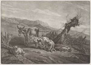 Landschaft mit einer Hirtin, die eine Ziege melkt von Anonymous