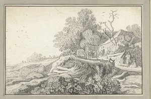 Landschaft mit einem Wagen und Figuren bei einem Bauernhof