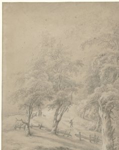 Landschaft mit einigen Figuren auf einem Weg hinter einem Zaun von Anonymous