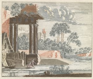 Landschaft mit klassischen Ruinen am Wasser