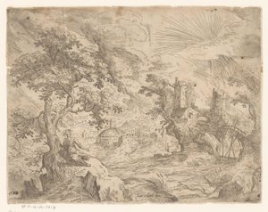 Landschaft mit Fluss und Bauwerk auf Felsen von Anonymous