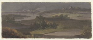 Landschaft mit Flussbiegung und dunklem Himmel von Anonymous
