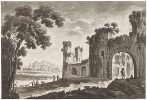 Landschaft mit Ruinen, Hirten und Wanderern