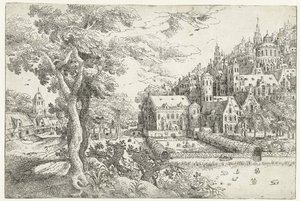 Landschaft mit Stadt an einem Hügel von Anonymous