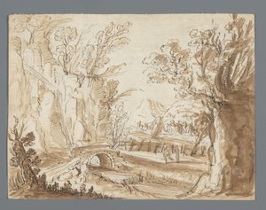 Landschaft mit zwei Figuren auf einem Weg vor einer Steinbrücke