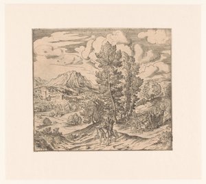 Landschaft mit zwei Reitern und einem Reisewagen