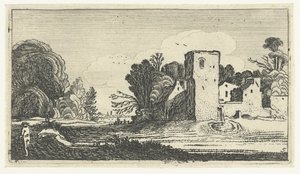 Landschaft mit quadratischem Turm bei Häusern von Anonymous