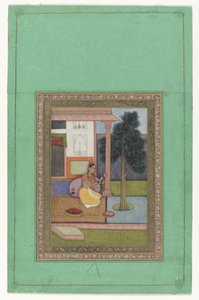 Malavashri Ragini, kniende Frau mit Lotusblume vor einem Haus von Anonymous