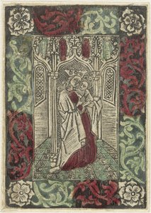 Maria mit Kind vor gotischer Architektur in rechteckiger Umrahmung mit Blattmotiven von Anonymous