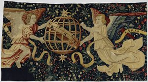 Millefleurs mit den Engeln des Glaubens und der Liebe, die eine Armillarsphäre halten von Anonymous