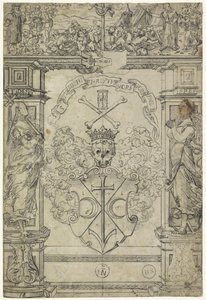 Entwurf für ein Glasfenster mit einem Wappen, den Figuren Fides und Spes, und Moses und der ehernen Schlange von Anonymous