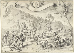 Entwurfszeichnung für den Druck Habgier versucht Fortuna einzuholen, 1720 (Het Groote Tafereel der Dwaasheid) von Anonymous
