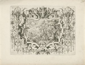 Ornamentrahmung mit Rollwerk und Figuren, darin Landschaft mit dem barmherzigen Samariter von Anonymous