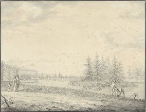Parklandschaft mit Spaziergängern und Anglern