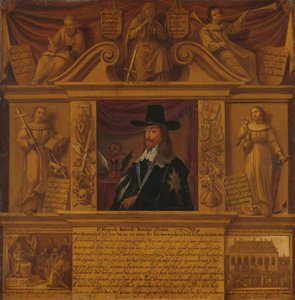 Porträt von Karl I., König von England, in einem Rahmen mit allegorischen Figuren und historischen Darstellungen von Anonymous