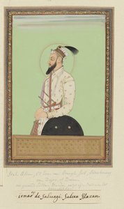 Porträt von Shah Alam, Sohn von Aurangzeb, der nach Sultanji geboren wurde; er war zuerst Gouverneur (Subagar) von Deccan; nachdem er gegen Sambaji, den Sohn von Sivaji, gekämpft hatte, wandte er sich nun gegen Sultan Abu