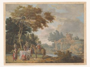 Reisende und Landbewohner in einer Landschaft mit antiken Ruinen