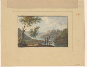 Flusslandschaft mit einem Mann, einer Frau und einem Hund im Vordergrund von Anonymous