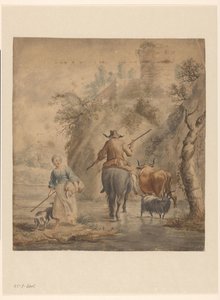 Flusslandschaft mit einem Reiter, Frau und Vieh von Anonymous