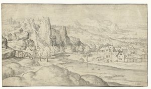 Flusslandschaft mit Wassermühle und steilen Felsen