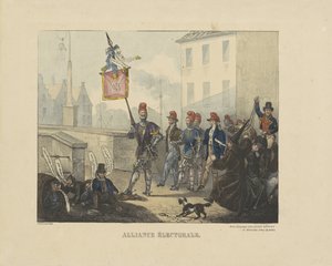 Karikatur auf das Bündnis zwischen der römisch-klerikalen Partei und der liberalen Partei gegen die niederländische Regierung, 1828
