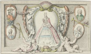 Stehende Frau, zwei Putti und vier Medaillons