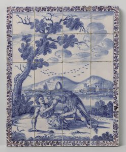 Fliesentableau mit einer Landschaft in Blau und mythologischer Darstellung: Herkules und Achelous