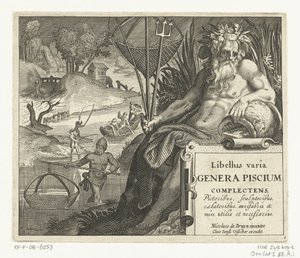 Titelblatt mit Titel und Flussgott mit Dreizack und Fischernetz in Landschaft mit Fischern (Libelivs varia Genera piscium complectens)
