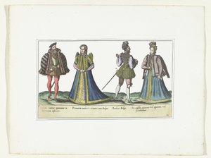 Twee vrouwen en twee mannen gekleed volgens de mode in Noord-Rijnland-Westfalen en Vlaanderen, ca. 1580 von Anonymous