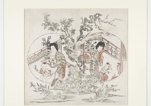 Zweiteilige Druckgrafik: links der Sommer mit Iris und Malus, rechts der Winter mit Narzisse und Prunus (Neujahrsdruck)