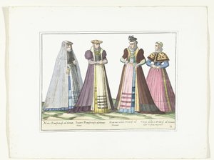 Vier Frauen in deutscher Mode in Frankfurt, ca. 1580 (Costumes Allemands) von Anonymous