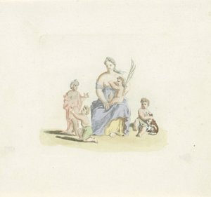 Frau mit Kind auf dem Schoß und Palmzweig in der Hand