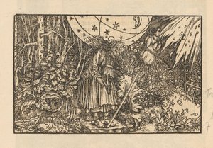 Frau mit Spinnrocken in einem Wald und einem Himmelsgewölbe von Anonymous
