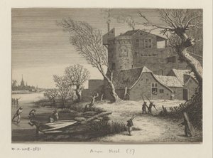 Winterlandschaft mit einem Bauwerk an einem zugefrorenen Fluss von Anonymous