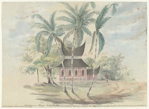 Wohnung von Radja Batipo, zerstört und verbrannt zur Strafe und Züchtigung, da er Anführer des Aufstands in den Padangschen Oberlanden im Jahr 1841 war von Anonymous