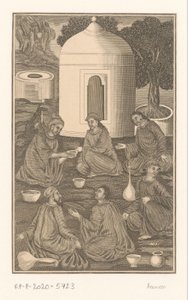 Sechs indische Männer mit Trinkschalen und Kannen