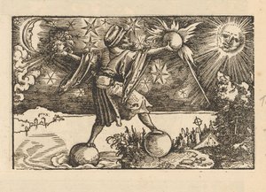 Sonne und Mond und ein Mann, der die vier Elemente balanciert von Anonymous