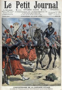 50. Jahrestag der italienischen Kampagne: die Soldaten des 3. Regiments der Zouaven jubeln König Viktor Emanuel III. (Viktor Emanuel, Vittorio Emanuele 3) zu, der nach der Schlacht von Palestro zum Korporal ihres Regiments ernannt wurde - „The Petity Journ von Anonymous Anonymous