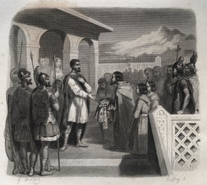Eine Abordnung der Stadt Clermont bietet dem heiligen Sidoine Apollinar (Caius Sollius Apollinaris Sidonius), Politiker, Bischof und gallo-römischer Schriftsteller (430-486), das Bischofsamt an. Gravur von 1846 in „Lives of the saints“. Private Sammlung von Anonymous Anonymous