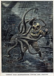 Ein riesiger Oktopus überwältigt fast den amerikanischen Taucher Martin Lund - Ein riesiger Oktopus greift den amerikanischen Taucher Martin Lund an - Kampf eines Tauchers gegen einen Oktopus - „The Petit Journal“