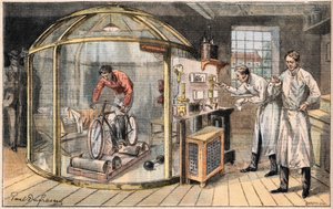 Ein Mann in einer Glocke: Experiment über den Energieverbrauch des Menschen, durchgeführt von englischen Wissenschaftlern. Gravur aus der Zeitung 