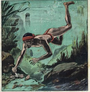 Ein Perlentaucher riskiert sein Leben in den tropischen Meeren von Ceylon und Polynesien, um elegante Damen mit Halsketten und Schmuck zu versorgen. Illustration aus „Le Petite Journal“ vom 11.03.1923. Private Sammlung. von Anonymous Anonymous