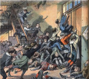 Eine Schule in Cleveland (Vereinigte Staaten) brannte nieder. Gravur aus der Zeitung „Le Petite Parisien“, 22/03/1908. Private Sammlung. von Anonymous Anonymous