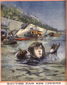 Eine Frau fällt in die Seine und wird von ihren Hunden in Paris gerettet. Gravur in "Le petit parisien" vom 14.08.1910. Private Sammlung. von Anonymous Anonymous