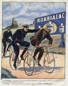 Werbung für Robbialac-Farbe: Polizisten beschuldigen einen Radfahrer, sein Fahrrad gestohlen zu haben, weil es dank Robbialac-Farbe neu aussieht. Gravur in „Le petit journal illustré“ von Anonymous Anonymous