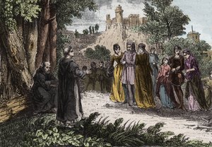 Albigenser-Häresie - St. Dominikus predigt den Albigensern - Gravur von 1846 in Lives of the Saints. Private Sammlung